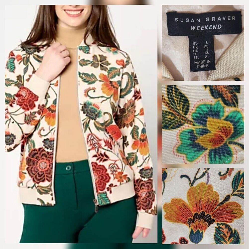 Susan Graver L Printed Twill Zip-Front Bomber Jacket Ivory Multi Artsy - Floral